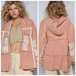 POL Pink Hooded Crochet Patchwork Hooded Jacket